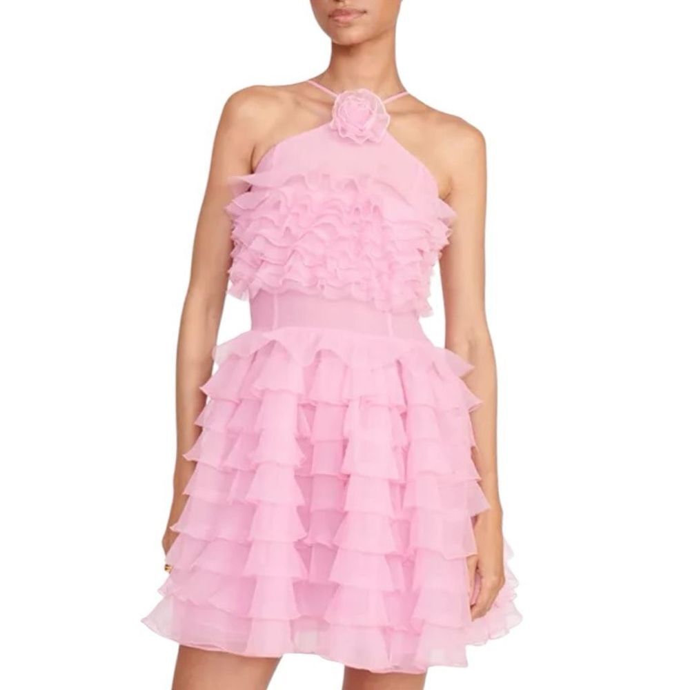 Staud Florian Tiered Ruffle Halter Pink Minidress Size 2